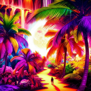 A Moonlit Stroll Through Chromatic Dreamscapes and Coconut Groves by CEPI SUGIARTO
