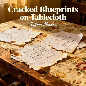 Cracked blueprints on tablecloth by Saffron Meadow
