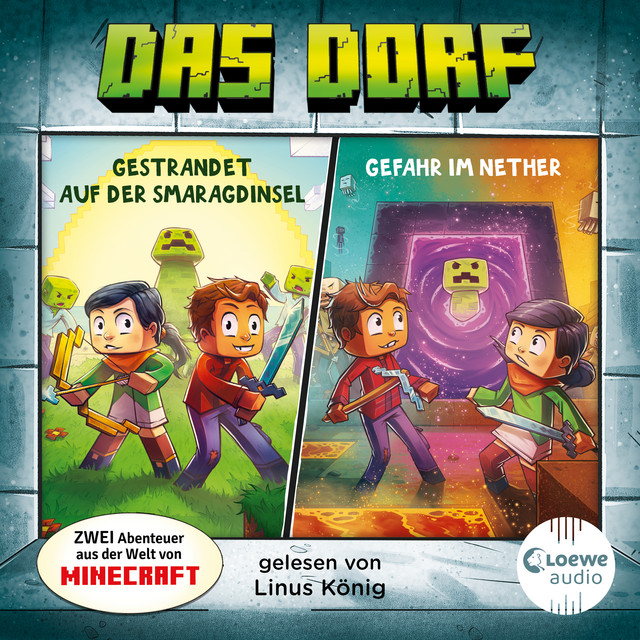 Das Dorf - Hörbücher zu Band 1+2 (enthält die Bände "Gestrandet auf der Smaragdinsel" und "Gefahr im Nether" - Abenteuer-Hörbuch für Kinder ab 8 Jahren) cover art