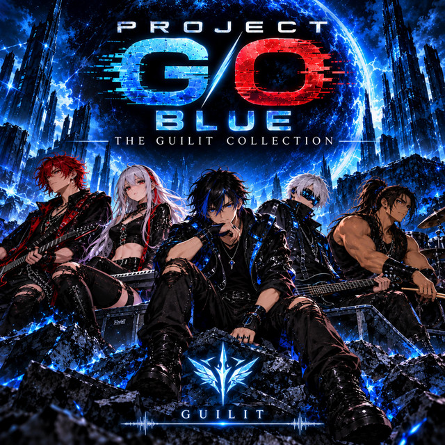 Album cover for Project GO Blue: The Guilit Collection, showing the band in a storm of blue lightning
