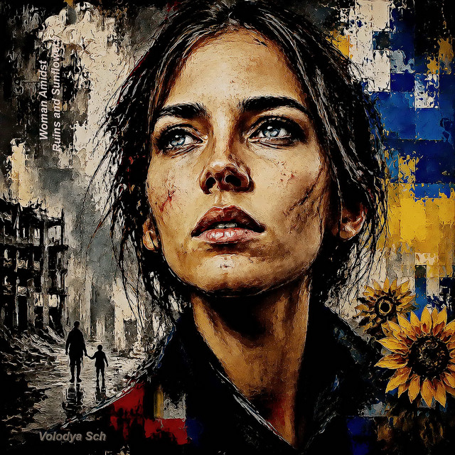 Обкладинка: Woman Amidst Ruins and Sunflowers — Volodya Sch