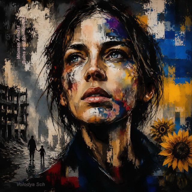 Обкладинка: Woman Amidst Ruins and Sunflowers — Volodya Sch