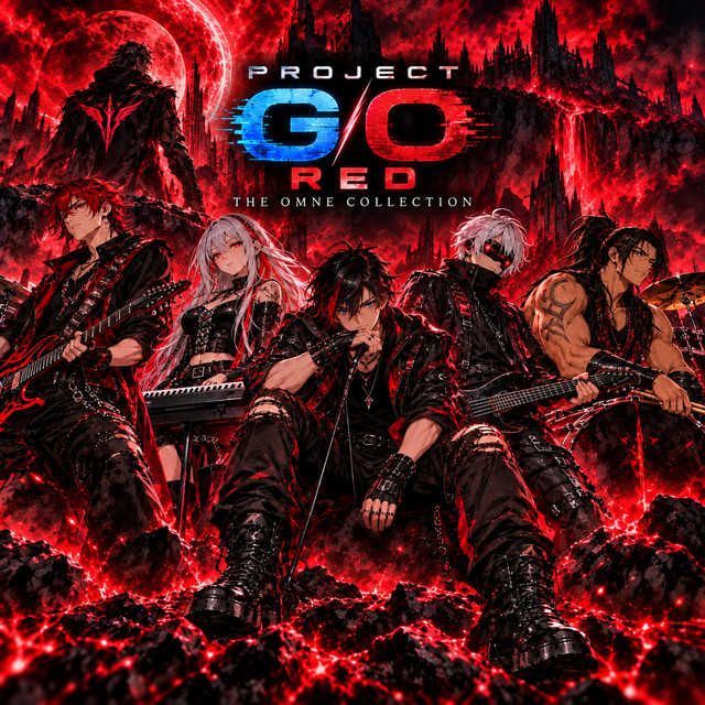 Album cover for Project GO Red: The Omne Collection, showing the band on glowing red volcanic rock beneath a blood moon