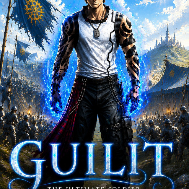 Audiobook cover for Guilit: The Ultimate Soldier by Jordan Harrell, showing Guilit wreathed in blue energy above a battlefield